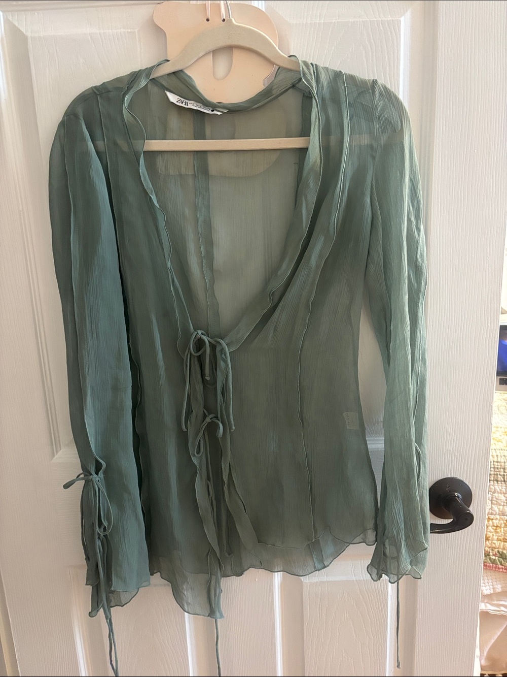 Zara Sheer Sage Green Tie-Front Blouse